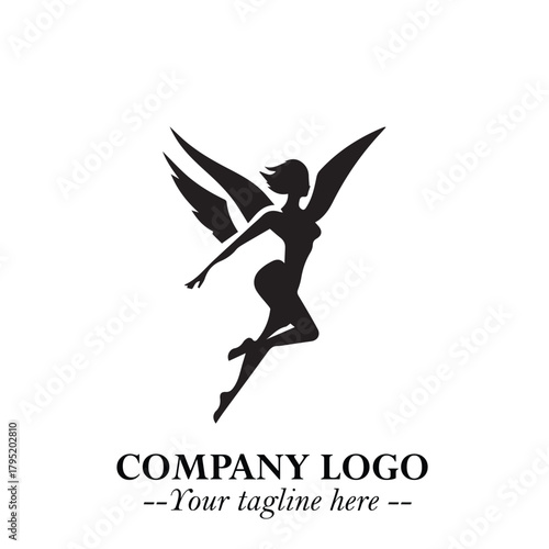 Elegant Black Angel Woman Silhouette Logo Symbol on White Background