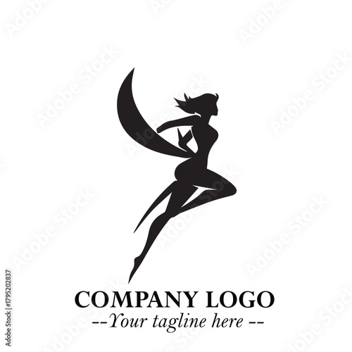 Elegant Black Angel Woman Silhouette Logo Symbol on White Background
