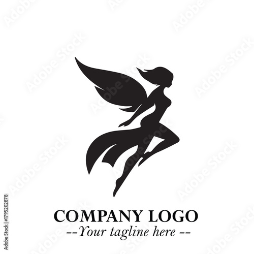 Elegant Black Angel Woman Silhouette Logo Symbol on White Background