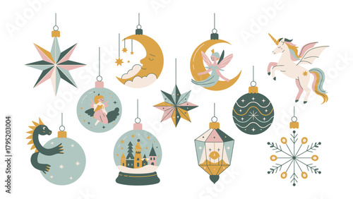 Enchanted Ornaments: A whimsical assortment of decorative ornaments, each embodying a touch of fantasy and charm, ideal for adorning festive displays.