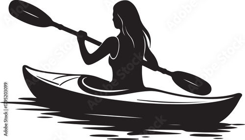 Woman kayaking on calm water solo paddle adventure outline silhouette vector art