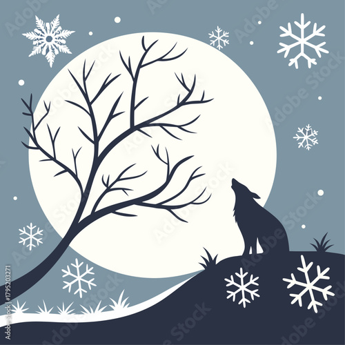 Wolf howling at moon with snowflakes for winter night