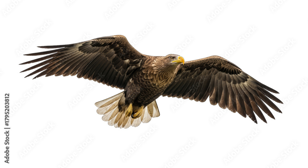 Obraz premium Majestic White Tailed Eagle Spreading Wings in Flight Against a Transparent Background in Daylight