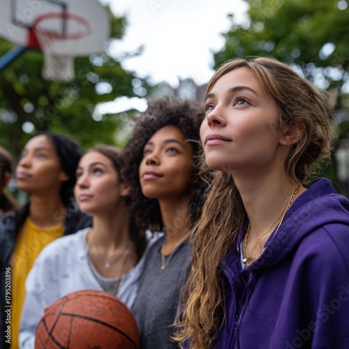 Diverse young women playing basketball outdoors in urban park setting