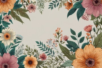 Vibrant floral border design with warm oranges, soft pinks, and lush greens creating a cheerful, organic frame perfect for invitations, cards, and joyful celebrations.