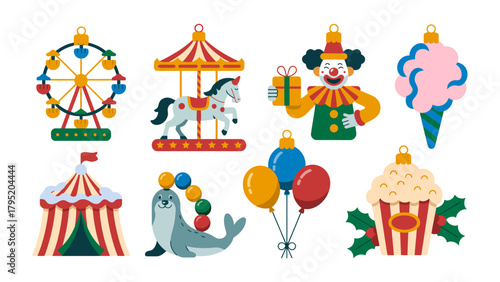 Carnival Delights: A vibrant array of festive carnival icons, including a ferris wheel, carousel, clown, balloons, circus tent, seal, popcorn and cotton candy.