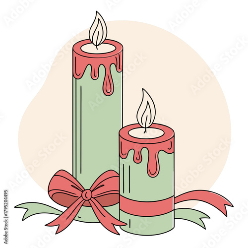 Two christmas candles with bow, holiday season decoration
