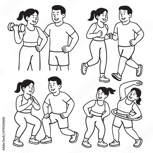 Isolated separated layered lineart outline fitness couple exercising together various workout