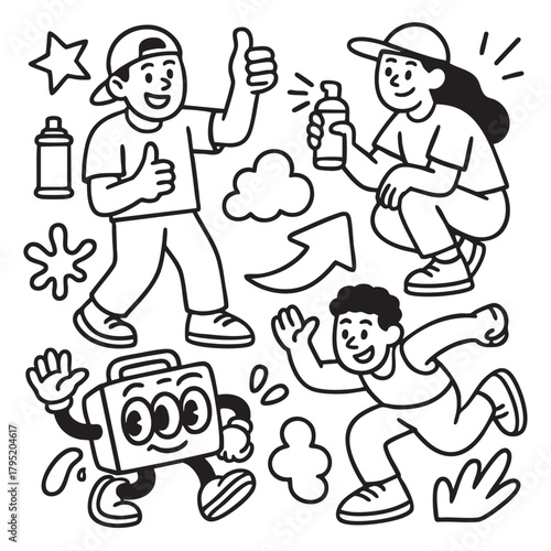 Isolated separated layered lineart outline of happy people and cartoon object with spray