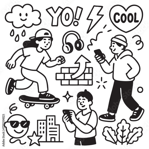 Isolated separated layered lineart outline of young people with skateboard headphones and phone