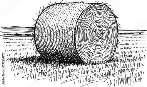 Hay bale drawing illustration in field black and white sketch artwork eps silhouette