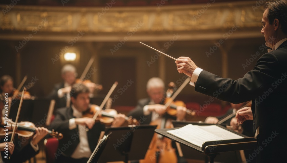 Obraz premium An orchestra conductor leading musicians in a grand concert hall expressing harmony discipline and shared artistic purpose while capturing the elegance and emotion of classical performance