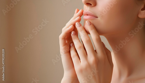 Close-up of a womans hands gently touching her face, illuminated by soft daylight, conveying a calm beauty and skincare moment against a clean, minimal background.