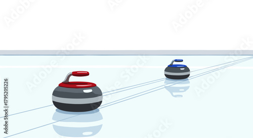 Two curling stones sliding on ice in a minimalistic style  