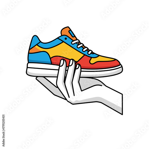 Colorful sneaker held in hand against white background  