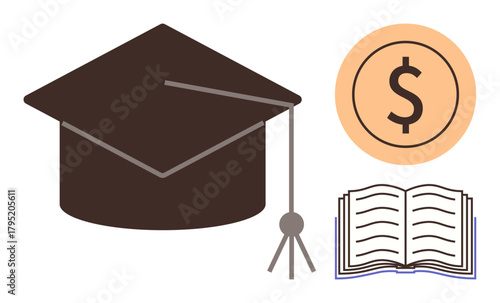 Graduation cap, coin with dollar sign, and open book symbolizing education, academic achievement, and financial investment. Ideal for education, tuition management, literacy, learning success