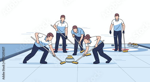 Curling team working together to slide stone on ice rink  