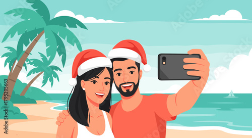 Young couple taking selfie on tropical beach wearing Santa hats  