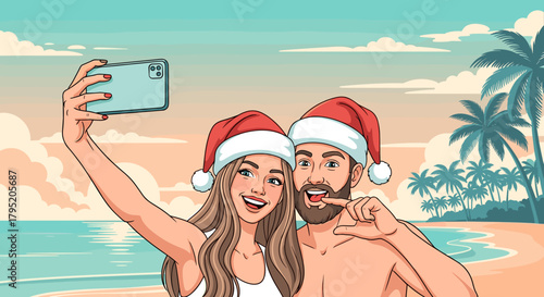 Couple taking selfie in Santa hats on beach during sunset  
