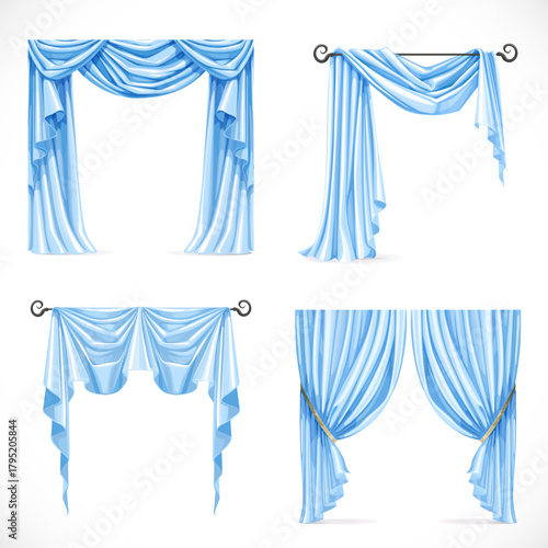 Set of four blue curtain draped with pelmet isolated on a white background