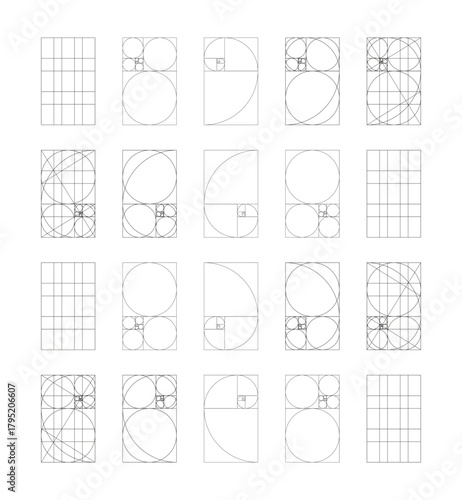 Golden ratio template big set. Fibonacci array, numbers form. Method golden section samples. Golden Spiral. Harmony proportions simple black frames. Outline graphic thin printable flat illustration.
