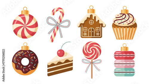Festive sweets: A delightful assortment of Christmas ornaments featuring a array of sweets including a candy cane, gingerbread house, cupcake, donut, cake slice, lollipop and macaroons.