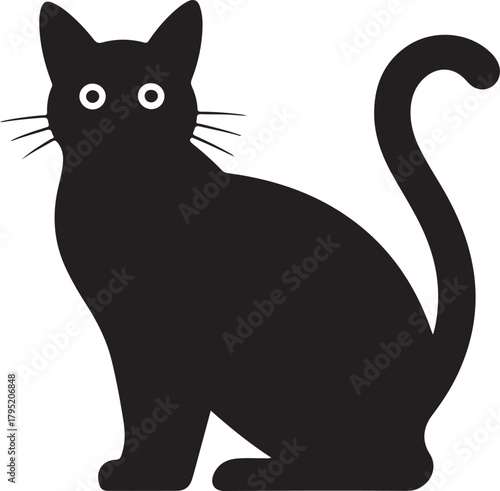 Silhouette of a black cat with bright eyes sitting on a plain background