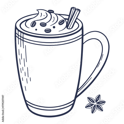 Hand drawn coffee latte with cinnamon stick