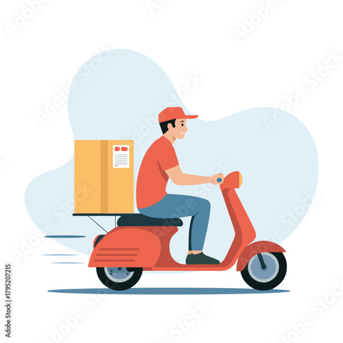 Delivery man riding scooter with package isolated on