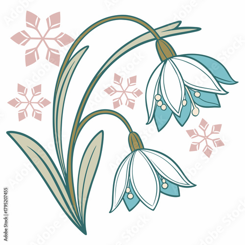 Elegant snowdrop flower and snowflake illustration