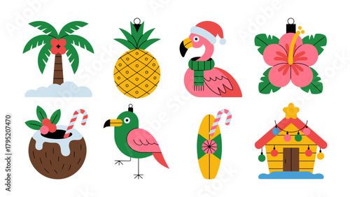 Tropical Christmas: Delightful and whimsical, this illustration presents a unique fusion of the holiday spirit with tropical elements. A cheerful flamingo, along with coconut and surfboard.