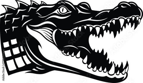 Vector illustration of alligator head with open mouth black and white eps silhouette