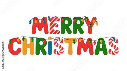 Merry Christmas Greetings: Festive typography adorned with Christmas lights and candy cane elements, perfect for holiday greetings and celebrations.