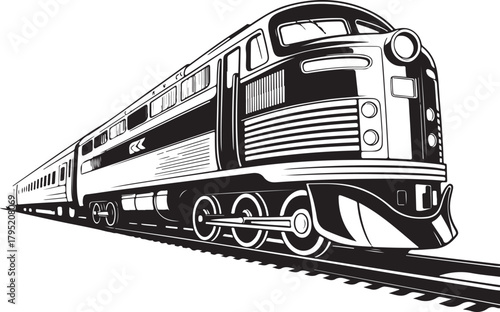 Vintage streamliner train speeding down tracks in dramatic black and white