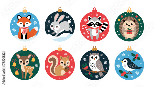 Festive Forest Ornaments: Delightful Christmas ornaments, each featuring an adorable woodland creature amidst a snowy backdrop, exuding holiday cheer.