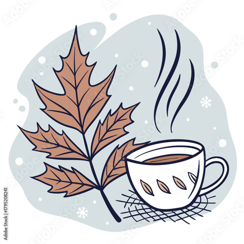 Autumn still life with a cup of tea and maple leaf