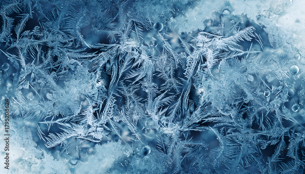 Obraz premium Abstract Blue And White Frost Patterns On A Frozen Surface With Intricate Crystal Formations Close Up Detailed Macro Shot