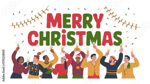 Festive Christmas Cheers: A lively gathering of diverse individuals joyfully celebrates the holidays, clinking glasses with cheer. Capturing the spirit of togetherness and the festive mood.