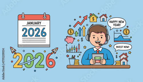 New Year 2026 financial planning illustration with broker investment charts and growth concept