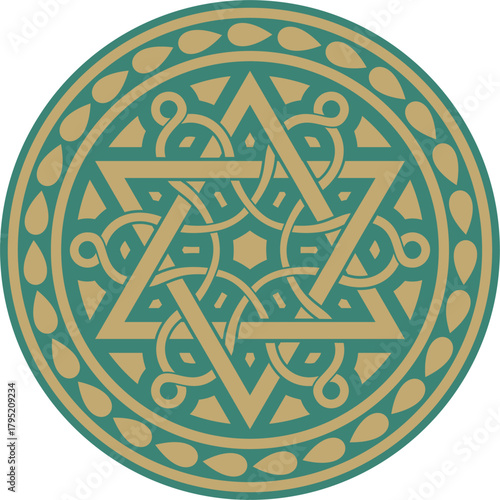 Vector gold with green round Jewish ornament. Star of David. Semitic circle, ring. Jerusalem
