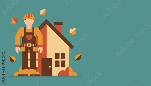 Contractor stands by a house with falling autumn leaves Home repair and construction services