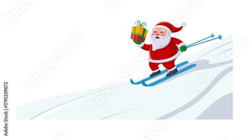 Santa's Slalom: A jolly Santa Claus, gift in hand, skis down a snow-covered slope, embodying the spirit of winter fun.