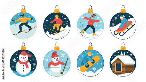 Festive Winter Ornaments: A vibrant collection of Christmas ornaments, each showcasing a different winter sport, brings the excitement of the season to life, featuring skiing, ice skating, sledding.