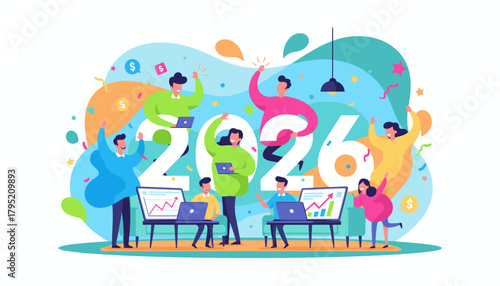 Happy business team celebrating 2026 success growth and financial achievement