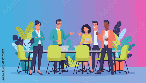 Diverse professional team collaborating successfully around a modern meeting table in a vibrant office