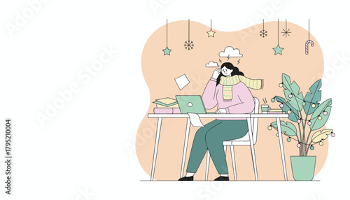 Stressed woman working on laptop during holidays deadline pressure and winter burnout