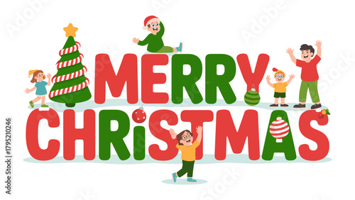 Merry Christmas Festive Scene: A colorful Christmas scene with lively children and decorative ornaments, set against the cheerful backdrop of holiday cheer. 