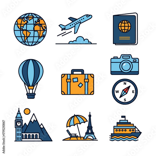 Colorful flat design travel icons set with globe, airplane, passport, and famous landmarks.