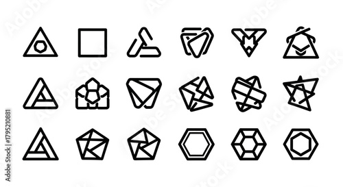 Abstract geometric line art shapes collection, modern minimalist graphic design elements, complex faceted polygons.