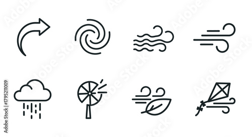 Weather and Wind Icons - Arrow, Hurricane, Breeze, Cloud, Fan, Leaf, Kite.